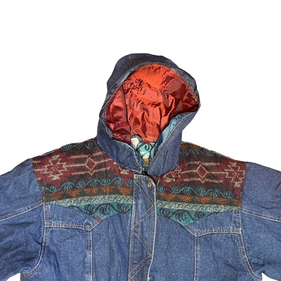Vintage Out Brook South West Country Tribal Print‎ Ranch Chore Heavy Denim Coat - Picture 7 of 10